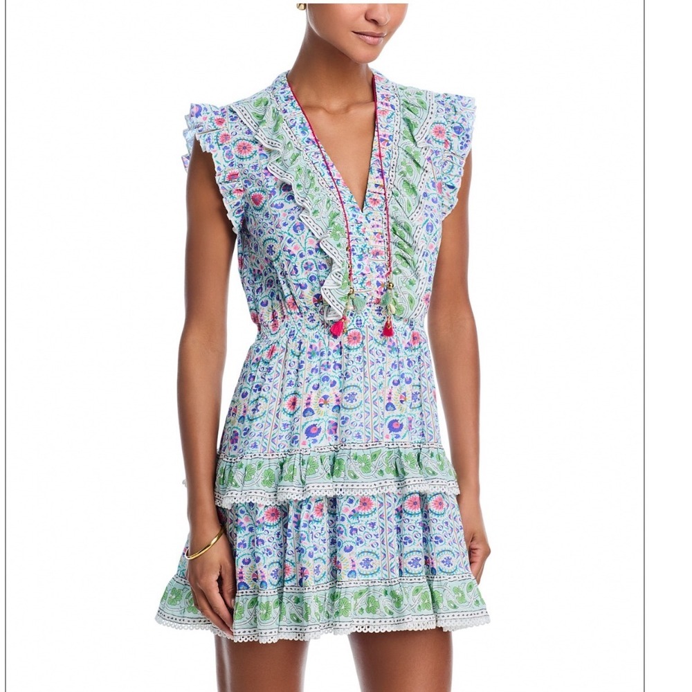 Bell Rainey Mini Dress Fuschia Floral Cotton Flutter Sleeve Tiered Ruffle Large